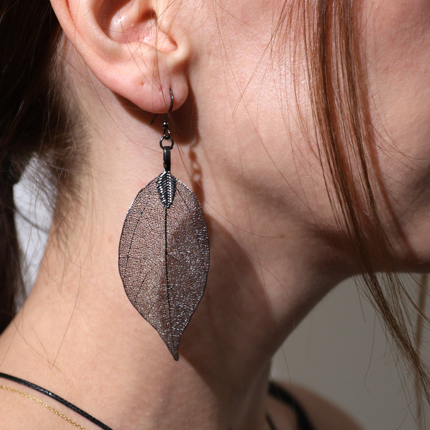 Real Leaf Necklace and Earrings Set - Pewter
